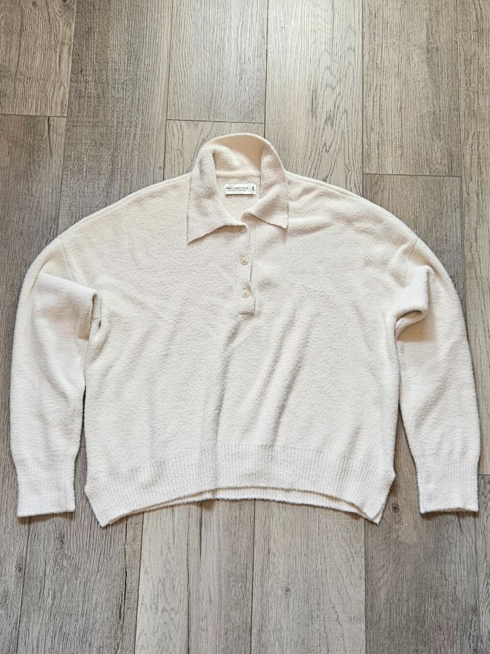 Abercrombie & Fitch Soft AF Knit Collared Polo Sweater Cream Fuzzy Mens M 25